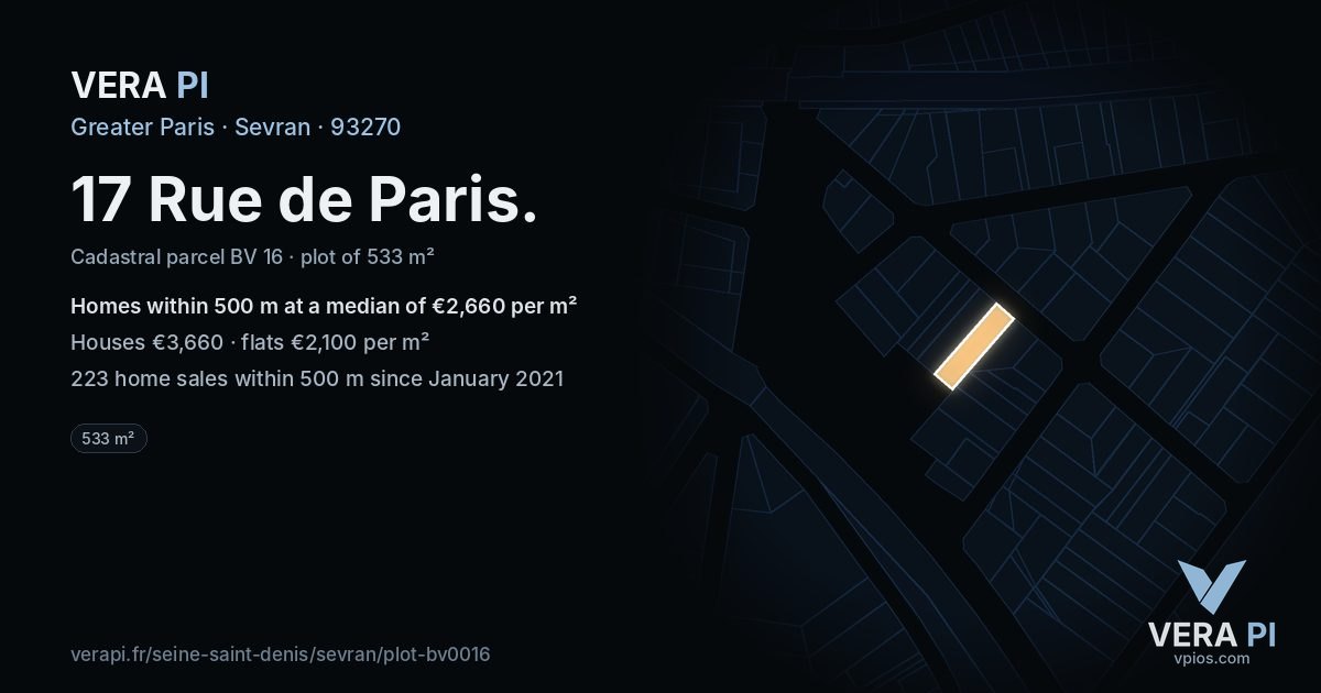 17 Rue de Paris, Sevran at night – the plot lit, the parcels around coloured by the prices near them