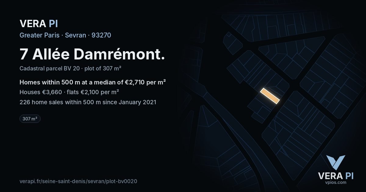 7 Allée Damrémont, Sevran at night – the plot lit, the parcels around coloured by the prices near them