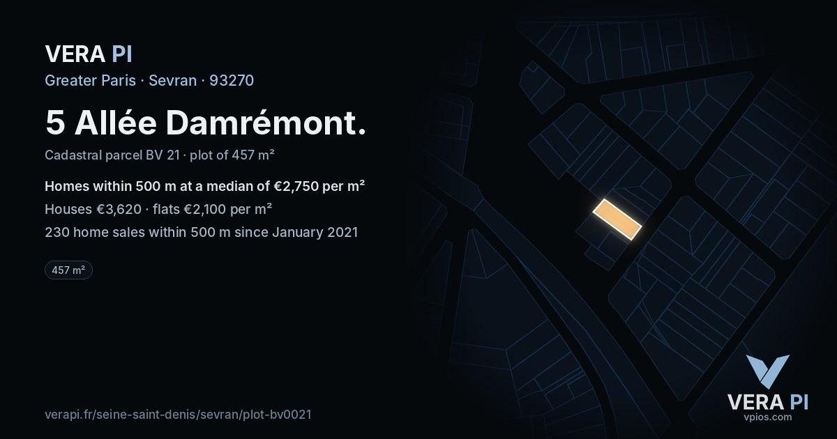 5 Allée Damrémont, Sevran at night – the plot lit, the parcels around coloured by the prices near them