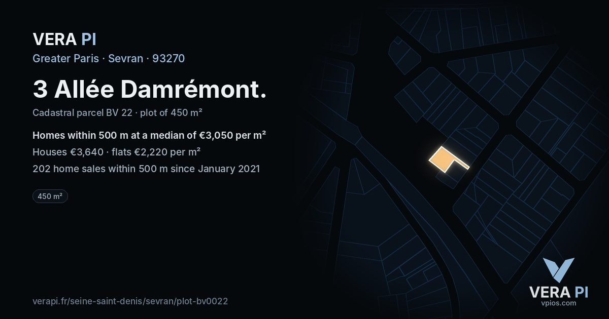 3 Allée Damrémont, Sevran at night – the plot lit, the parcels around coloured by the prices near them