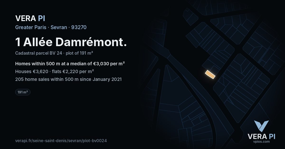 1 Allée Damrémont, Sevran at night – the plot lit, the parcels around coloured by the prices near them