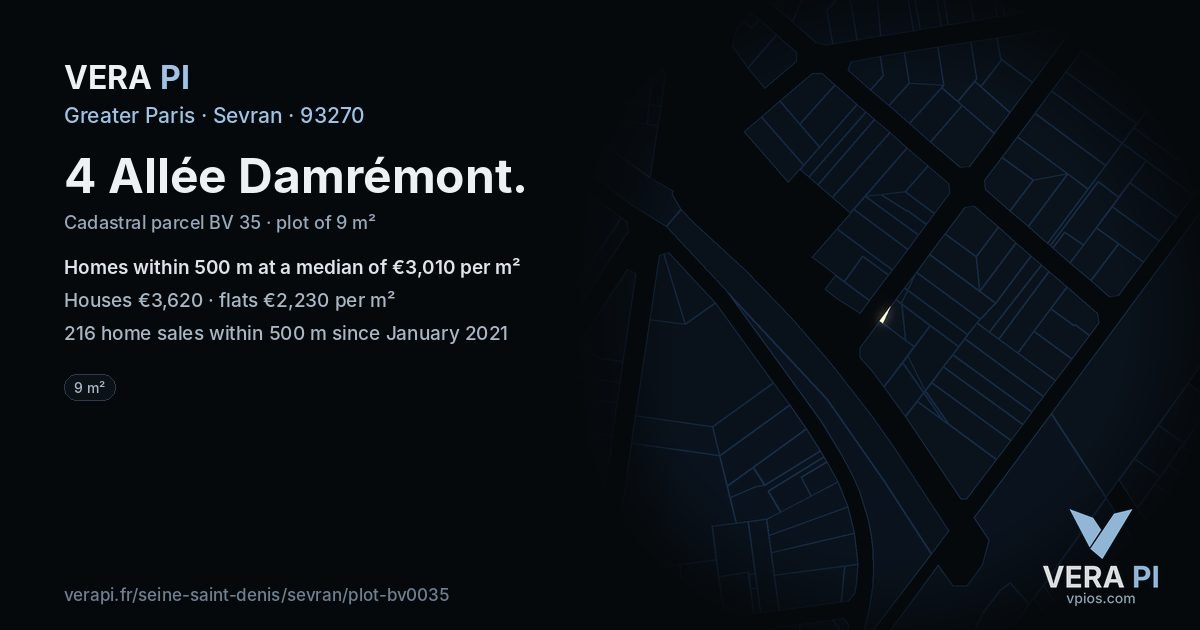 4 Allée Damrémont, Sevran at night – the plot lit, the parcels around coloured by the prices near them