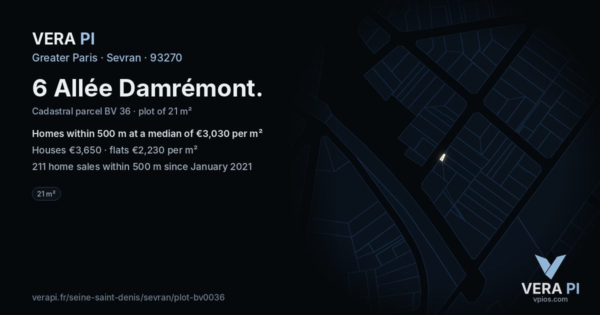 6 Allée Damrémont, Sevran at night – the plot lit, the parcels around coloured by the prices near them