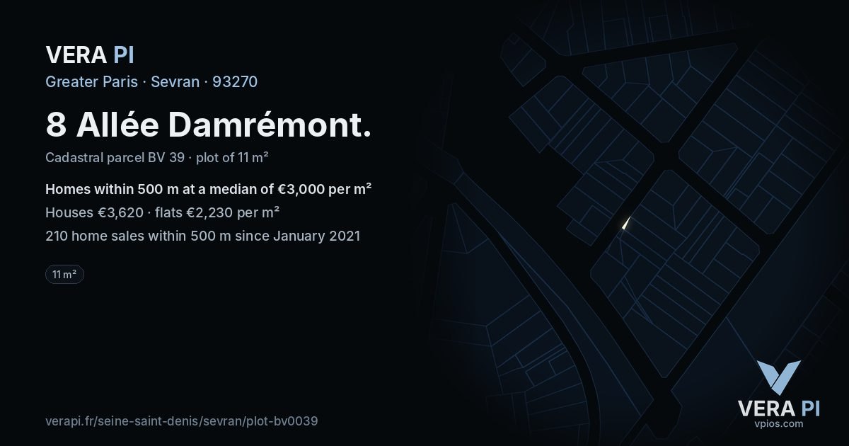 8 Allée Damrémont, Sevran at night – the plot lit, the parcels around coloured by the prices near them