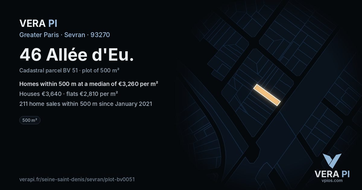 46 Allée d'Eu, Sevran at night – the plot lit, the parcels around coloured by the prices near them