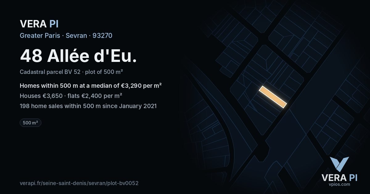 48 Allée d'Eu, Sevran at night – the plot lit, the parcels around coloured by the prices near them