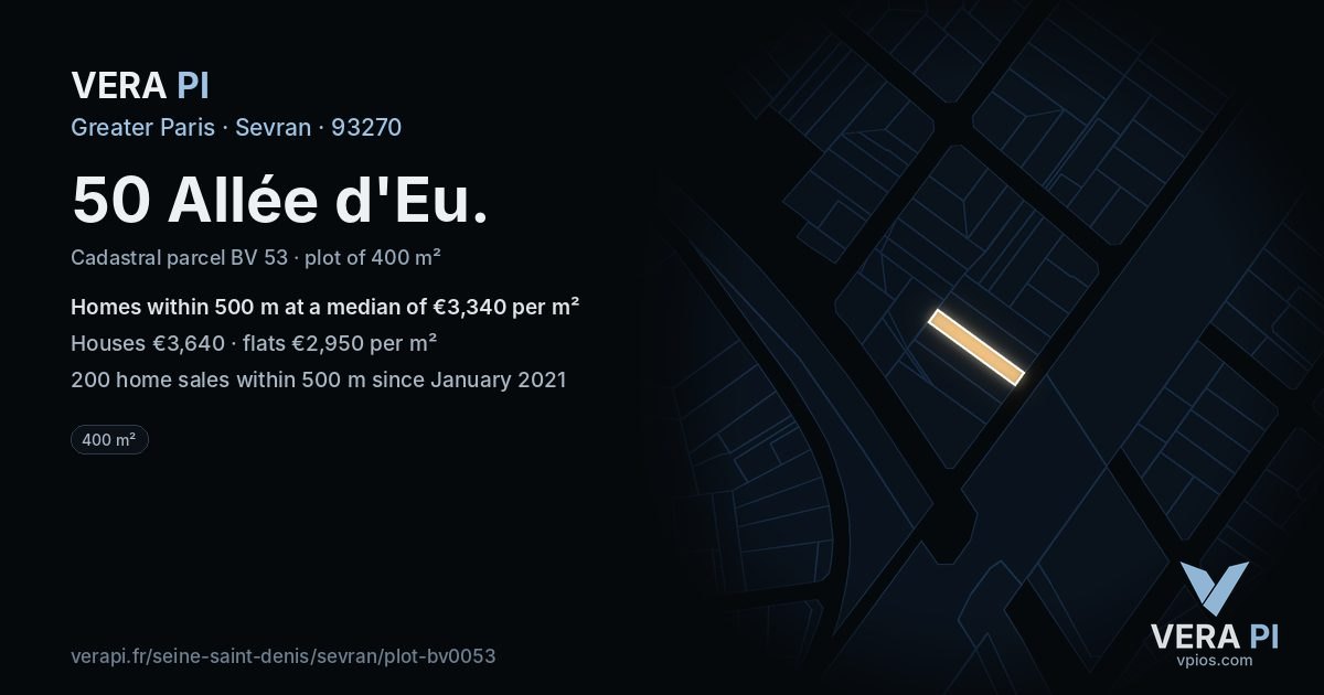 50 Allée d'Eu, Sevran at night – the plot lit, the parcels around coloured by the prices near them