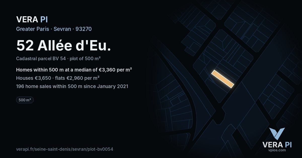 52 Allée d'Eu, Sevran at night – the plot lit, the parcels around coloured by the prices near them