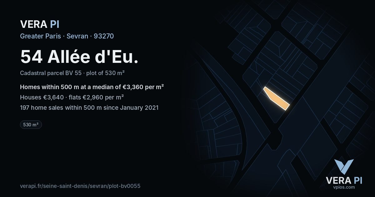 54 Allée d'Eu, Sevran at night – the plot lit, the parcels around coloured by the prices near them