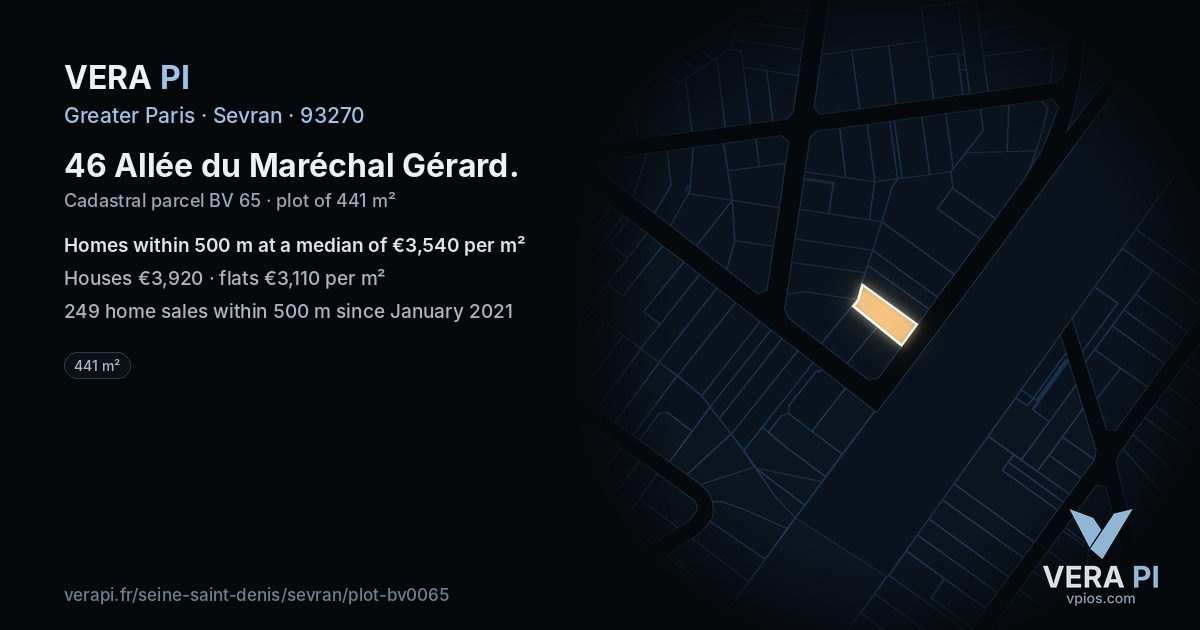 46 Allée du Maréchal Gérard, Sevran at night – the plot lit, the parcels around coloured by the prices near them