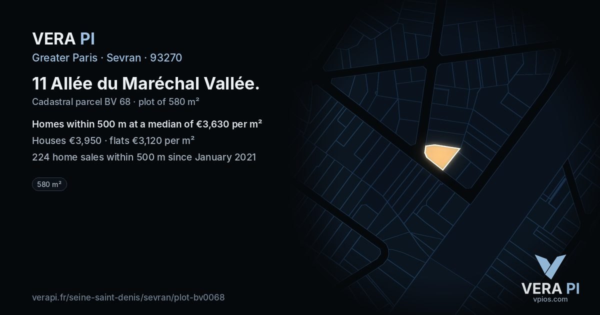 11 Allée du Maréchal Vallée, Sevran at night – the plot lit, the parcels around coloured by the prices near them
