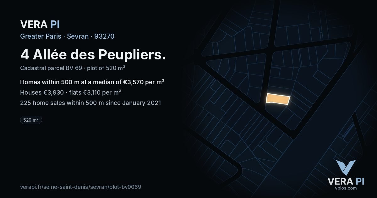 4 Allée des Peupliers, Sevran at night – the plot lit, the parcels around coloured by the prices near them