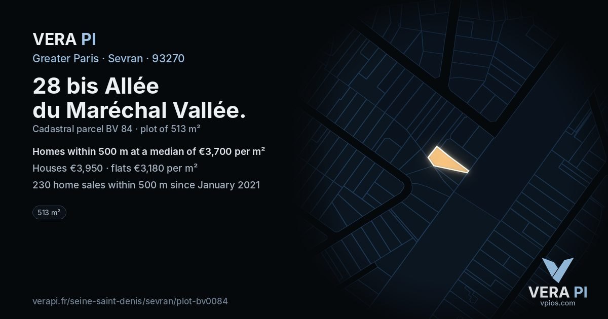 28 bis Allée du Maréchal Vallée, Sevran at night – the plot lit, the parcels around coloured by the prices near them