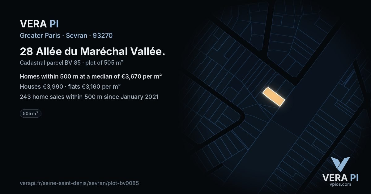 28 Allée du Maréchal Vallée, Sevran at night – the plot lit, the parcels around coloured by the prices near them