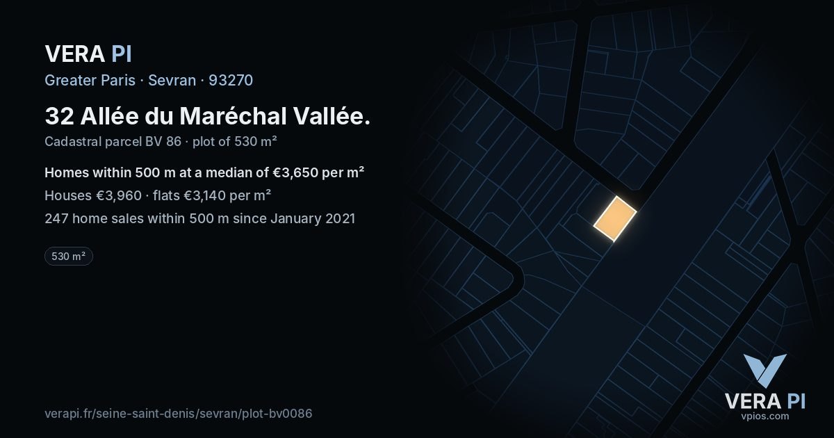32 Allée du Maréchal Vallée, Sevran at night – the plot lit, the parcels around coloured by the prices near them