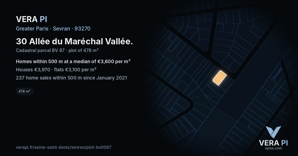 30 Allée du Maréchal Vallée, Sevran at night – the plot lit, the parcels around coloured by the prices near them