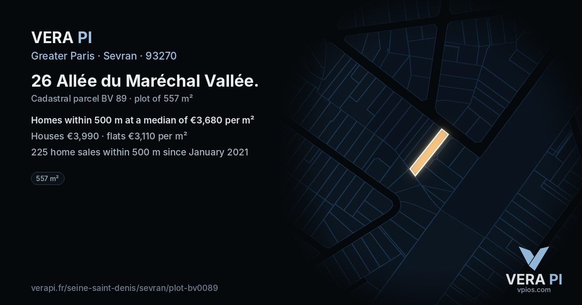 26 Allée du Maréchal Vallée, Sevran at night – the plot lit, the parcels around coloured by the prices near them