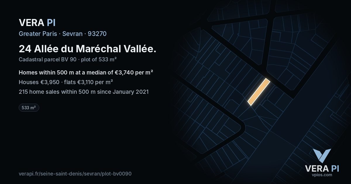 24 Allée du Maréchal Vallée, Sevran at night – the plot lit, the parcels around coloured by the prices near them
