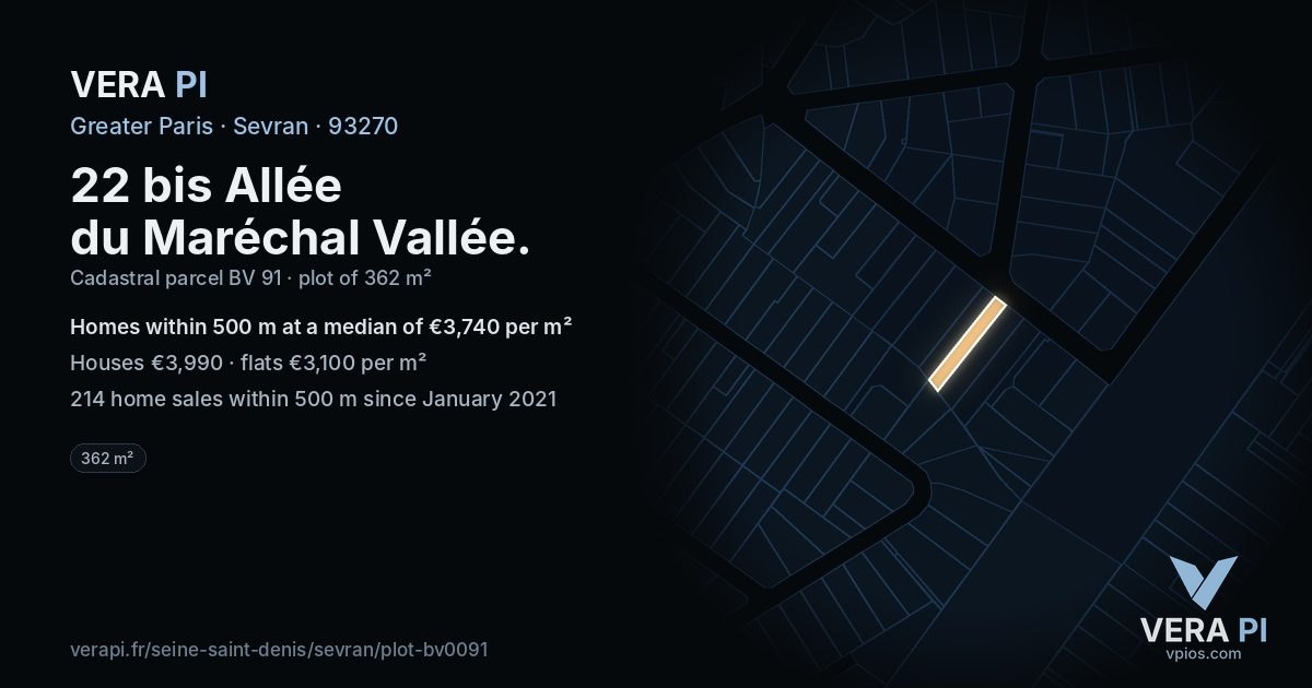 22 bis Allée du Maréchal Vallée, Sevran at night – the plot lit, the parcels around coloured by the prices near them