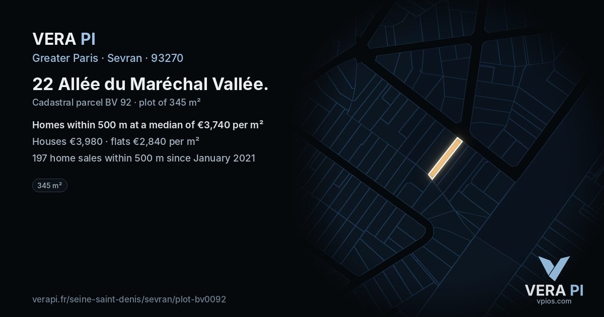 22 Allée du Maréchal Vallée, Sevran at night – the plot lit, the parcels around coloured by the prices near them