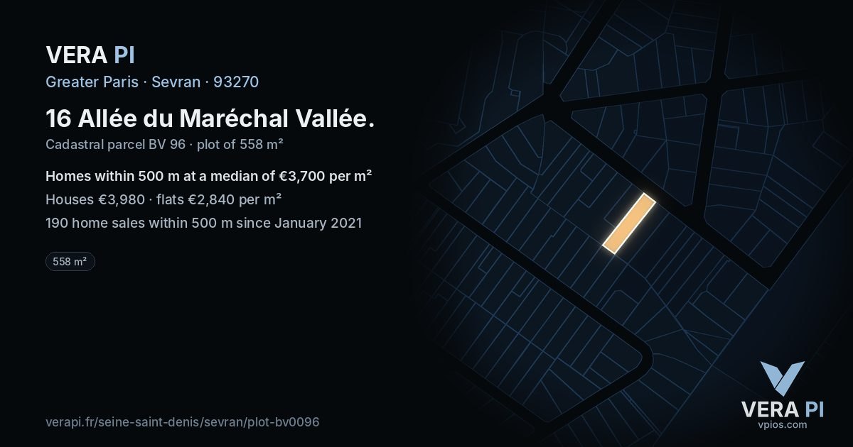 16 Allée du Maréchal Vallée, Sevran at night – the plot lit, the parcels around coloured by the prices near them