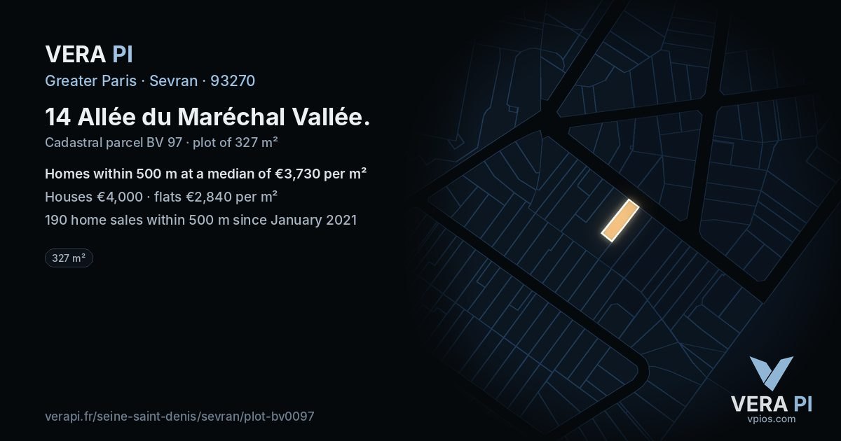 14 Allée du Maréchal Vallée, Sevran at night – the plot lit, the parcels around coloured by the prices near them