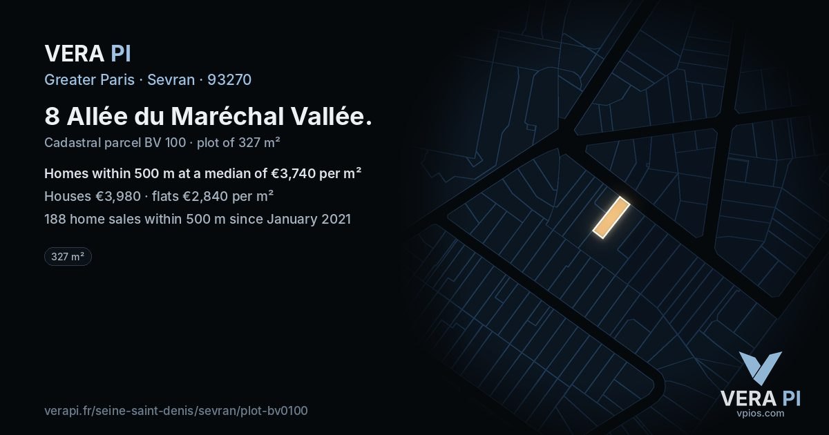 8 Allée du Maréchal Vallée, Sevran at night – the plot lit, the parcels around coloured by the prices near them