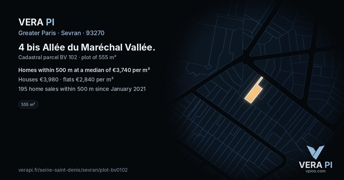 4 bis Allée du Maréchal Vallée, Sevran at night – the plot lit, the parcels around coloured by the prices near them