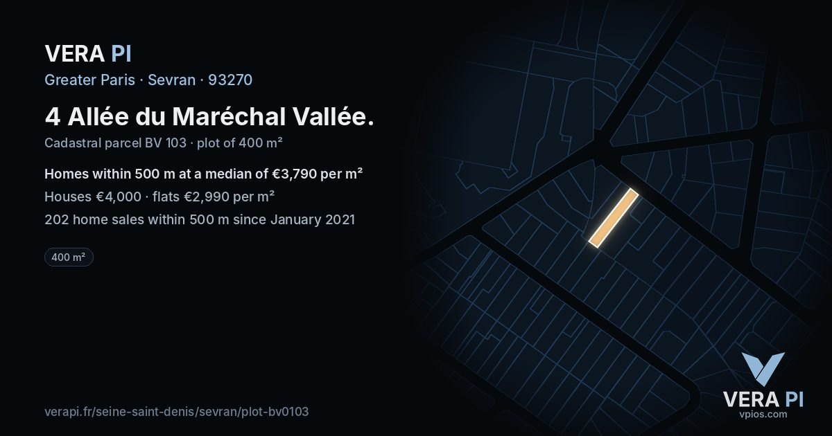4 Allée du Maréchal Vallée, Sevran at night – the plot lit, the parcels around coloured by the prices near them