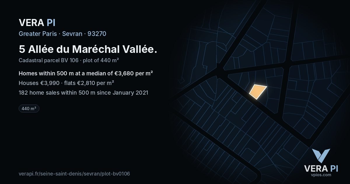 5 Allée du Maréchal Vallée, Sevran at night – the plot lit, the parcels around coloured by the prices near them