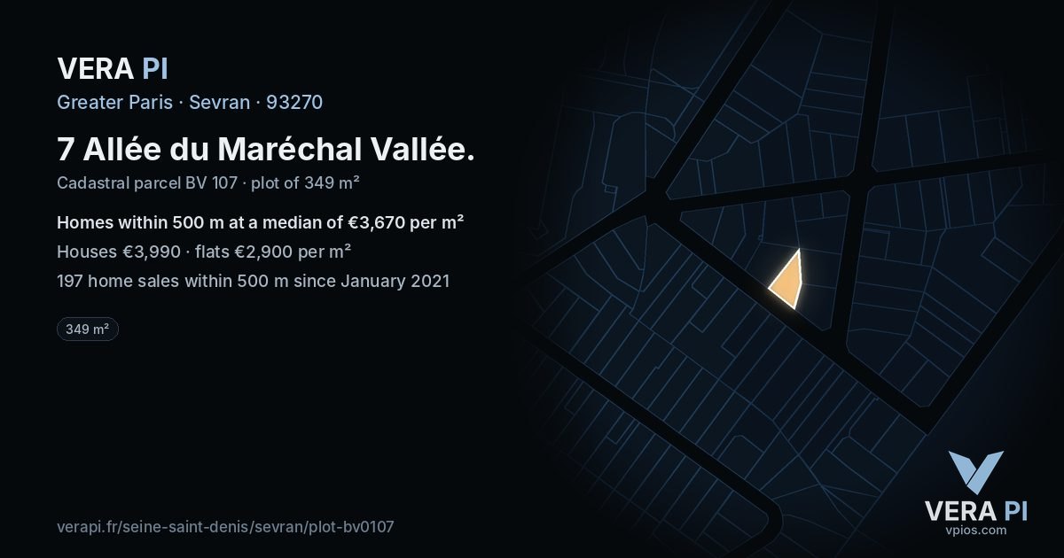 7 Allée du Maréchal Vallée, Sevran at night – the plot lit, the parcels around coloured by the prices near them