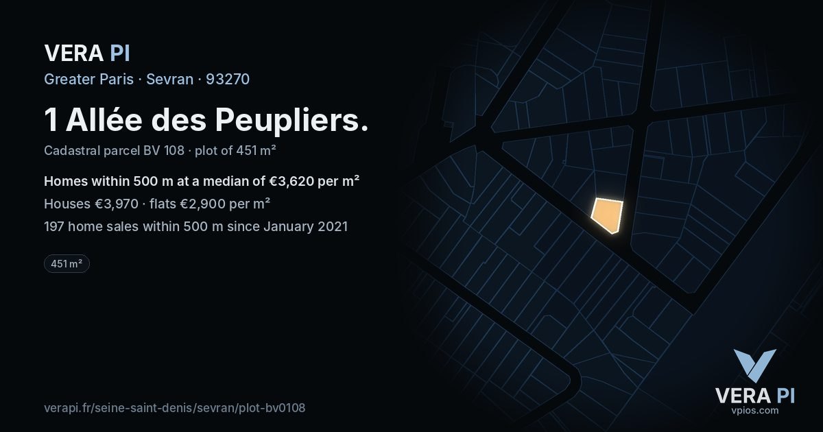1 Allée des Peupliers, Sevran at night – the plot lit, the parcels around coloured by the prices near them