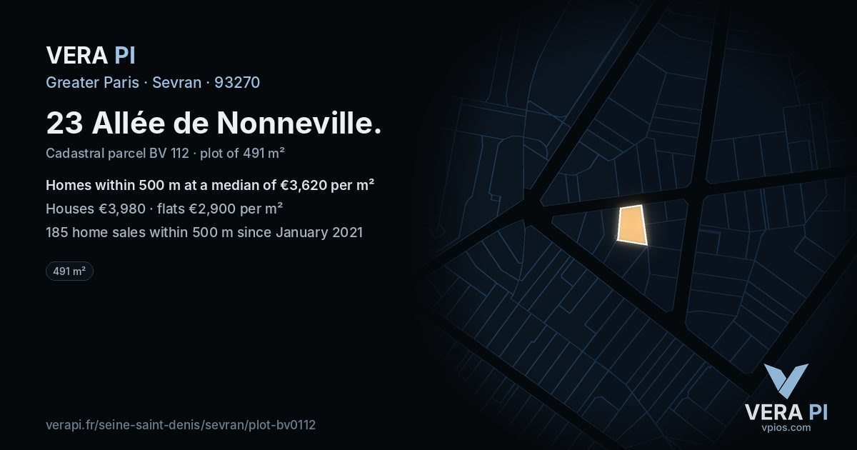 23 Allée de Nonneville, Sevran at night – the plot lit, the parcels around coloured by the prices near them