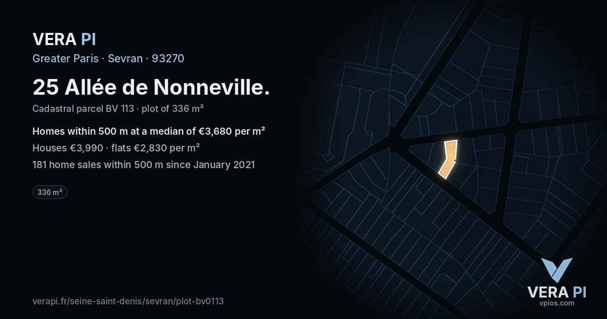 25 Allée de Nonneville, Sevran at night – the plot lit, the parcels around coloured by the prices near them
