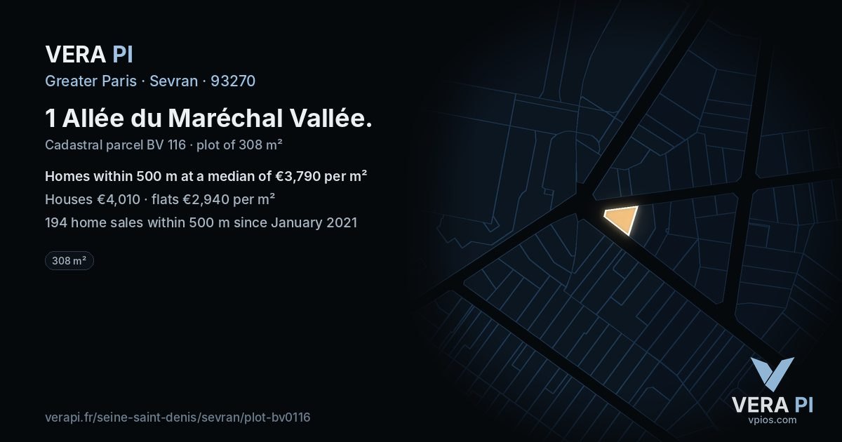 1 Allée du Maréchal Vallée, Sevran at night – the plot lit, the parcels around coloured by the prices near them