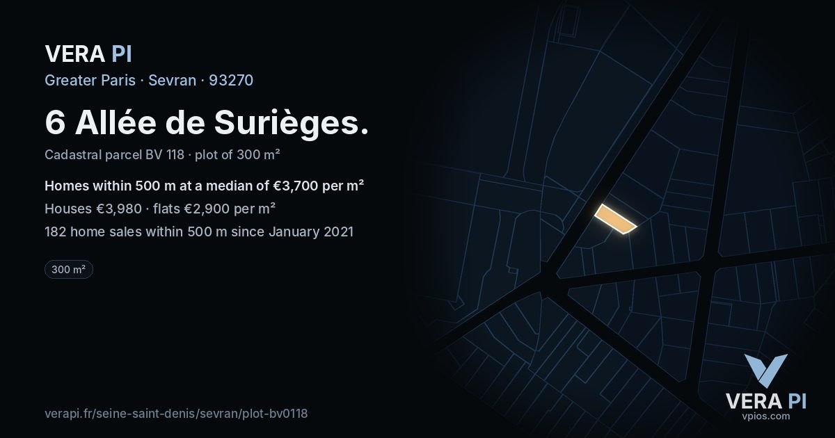6 Allée de Surièges, Sevran at night – the plot lit, the parcels around coloured by the prices near them
