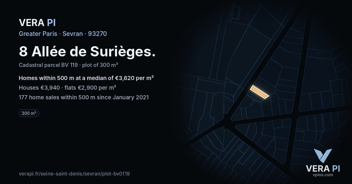 8 Allée de Surièges, Sevran at night – the plot lit, the parcels around coloured by the prices near them