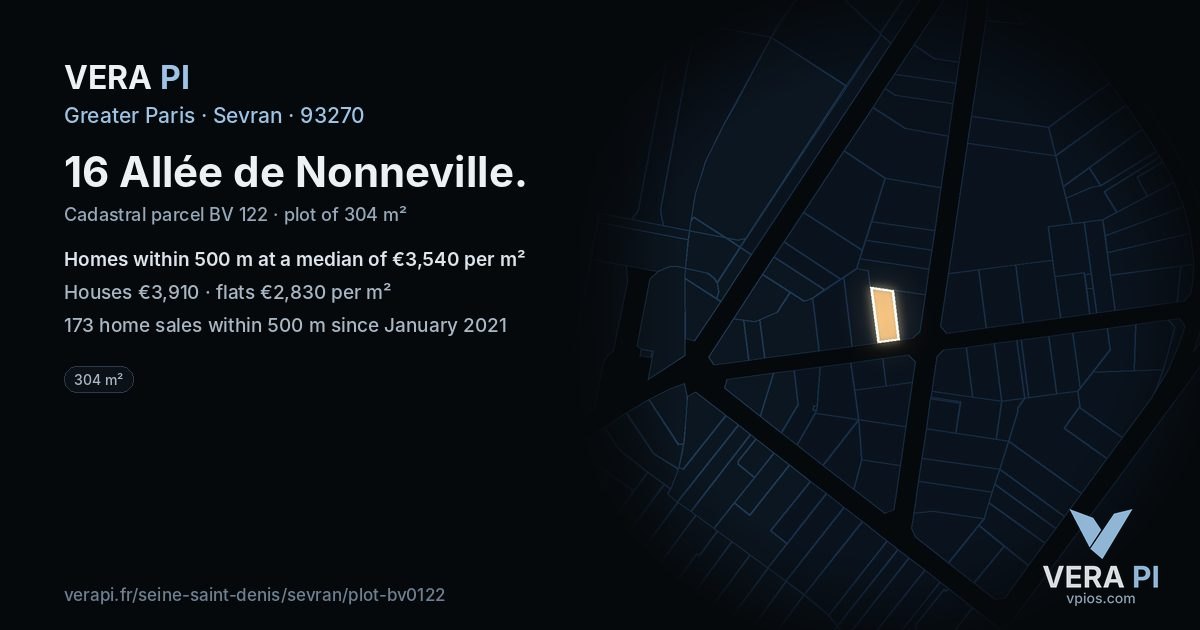 16 Allée de Nonneville, Sevran at night – the plot lit, the parcels around coloured by the prices near them