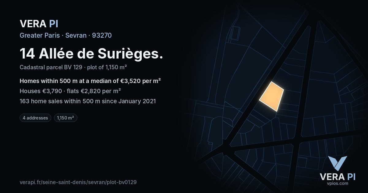14 Allée de Surièges, Sevran at night – the plot lit, the parcels around coloured by the prices near them