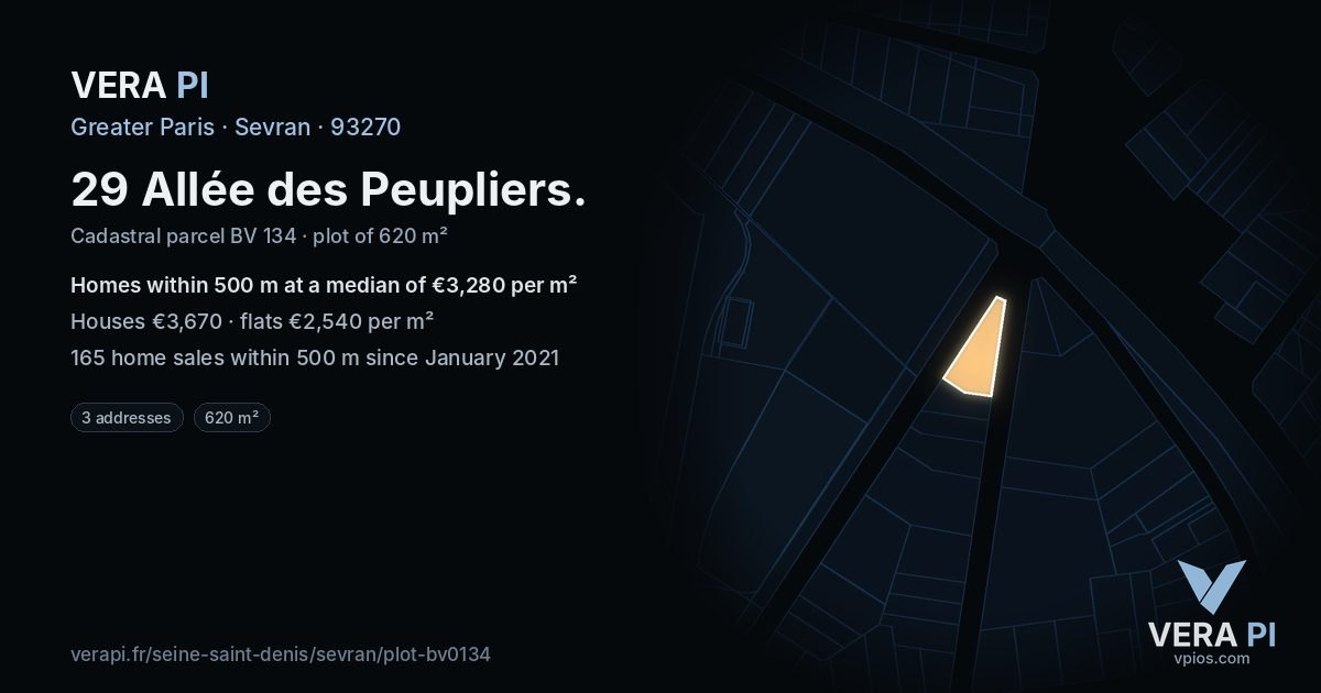 29 Allée des Peupliers, Sevran at night – the plot lit, the parcels around coloured by the prices near them