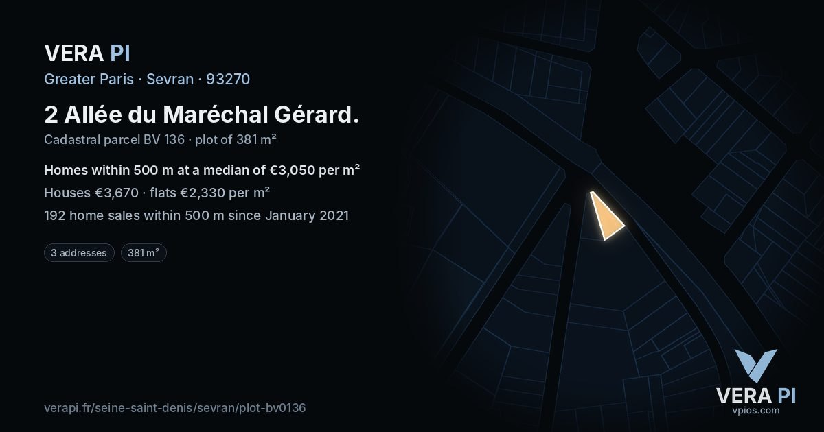 2 Allée du Maréchal Gérard, Sevran at night – the plot lit, the parcels around coloured by the prices near them