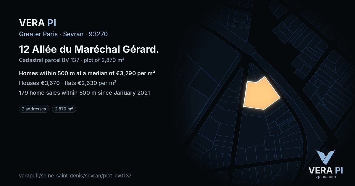 12 Allée du Maréchal Gérard, Sevran at night – the plot lit, the parcels around coloured by the prices near them