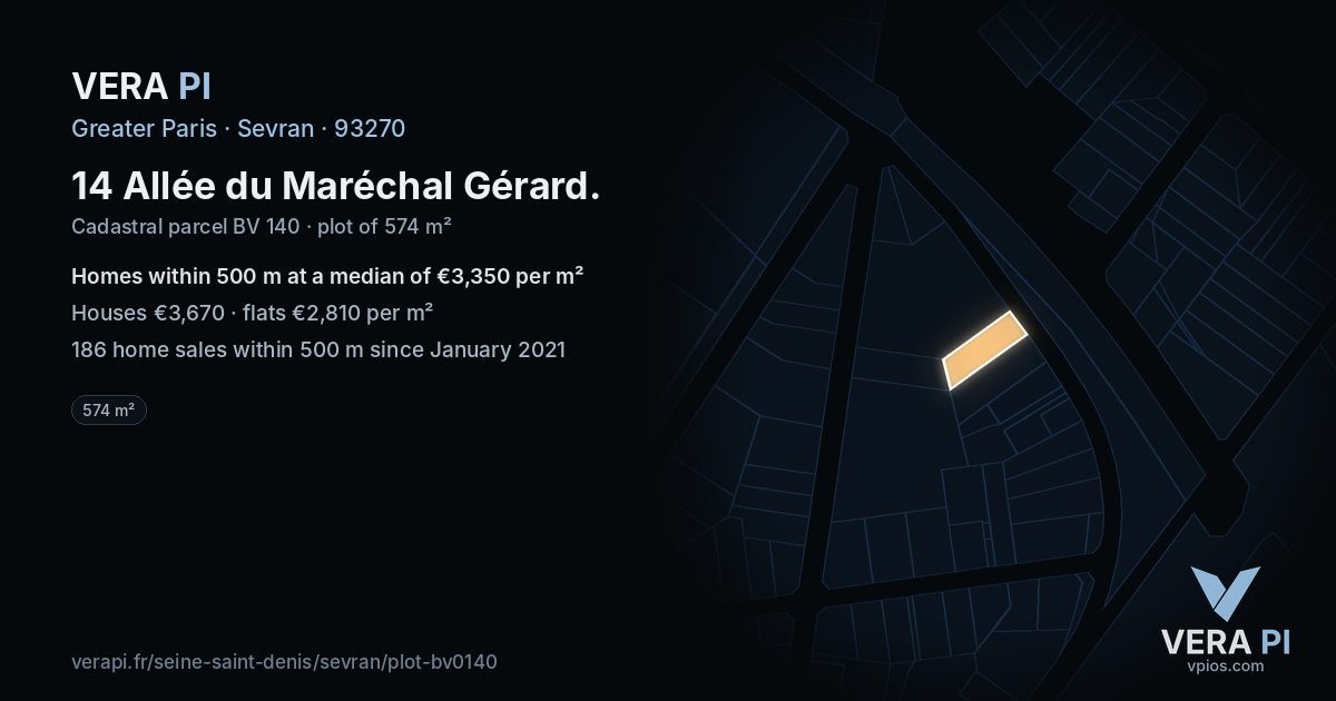 14 Allée du Maréchal Gérard, Sevran at night – the plot lit, the parcels around coloured by the prices near them