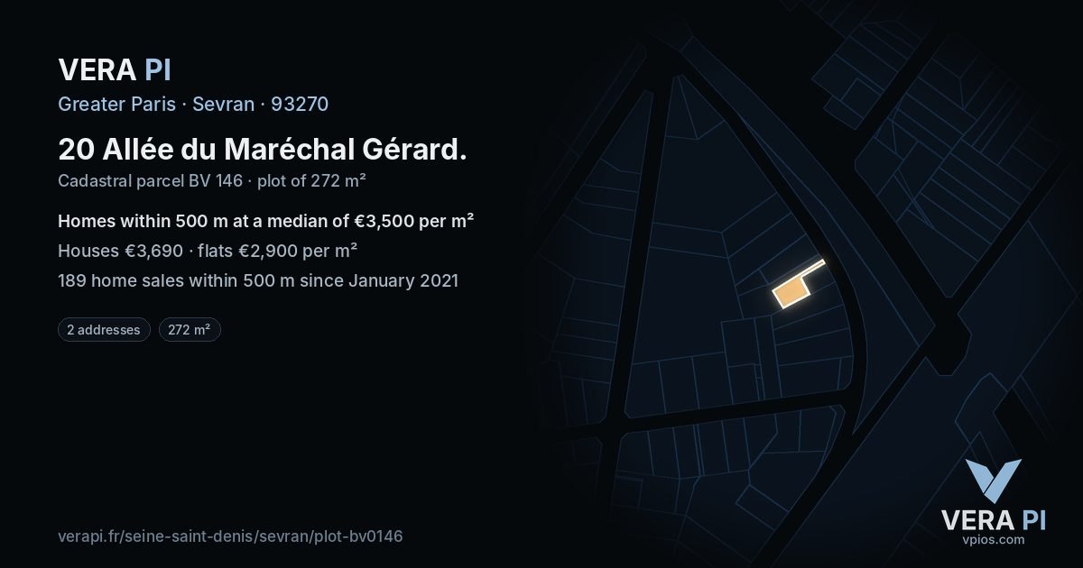20 Allée du Maréchal Gérard, Sevran at night – the plot lit, the parcels around coloured by the prices near them