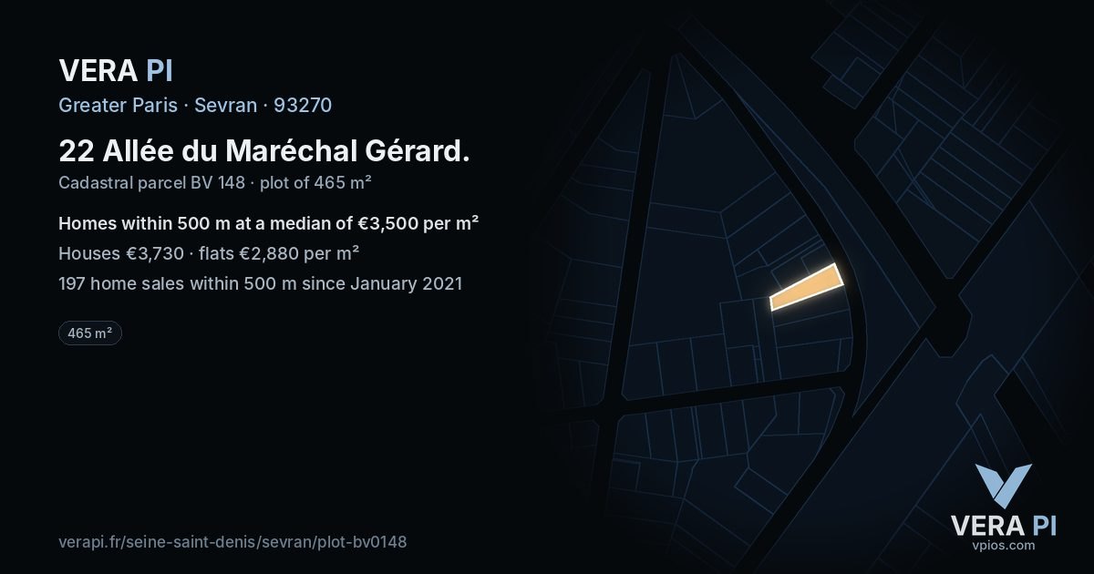 22 Allée du Maréchal Gérard, Sevran at night – the plot lit, the parcels around coloured by the prices near them