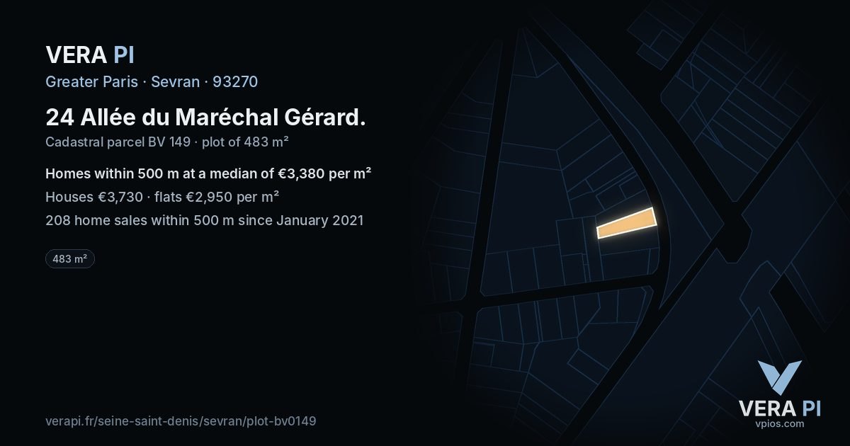 24 Allée du Maréchal Gérard, Sevran at night – the plot lit, the parcels around coloured by the prices near them