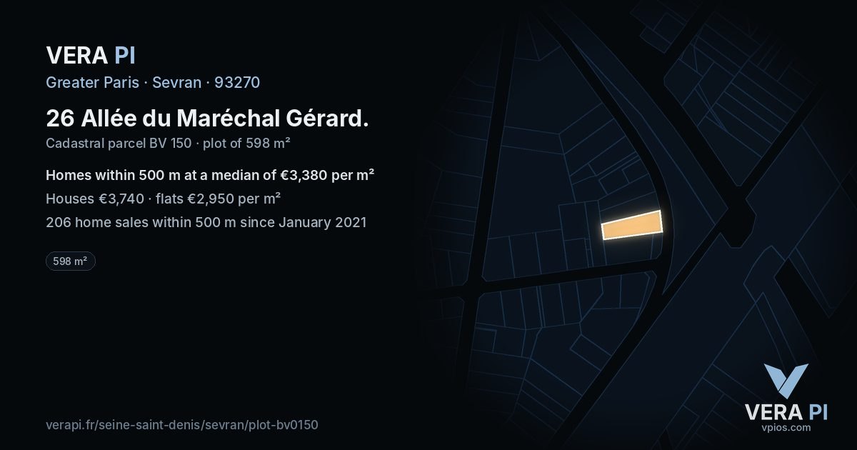 26 Allée du Maréchal Gérard, Sevran at night – the plot lit, the parcels around coloured by the prices near them
