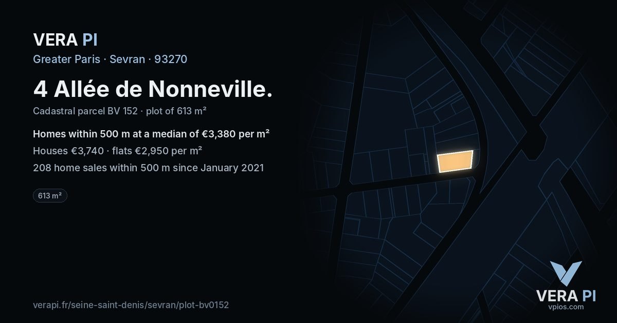 4 Allée de Nonneville, Sevran at night – the plot lit, the parcels around coloured by the prices near them