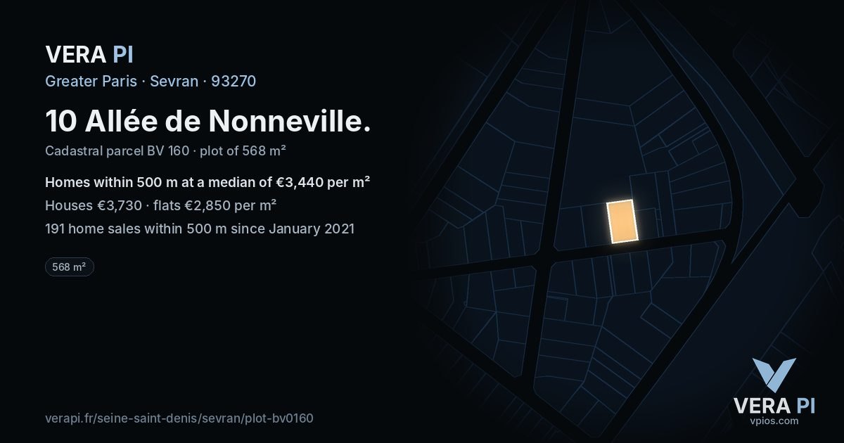 10 Allée de Nonneville, Sevran at night – the plot lit, the parcels around coloured by the prices near them