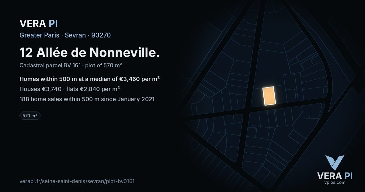 12 Allée de Nonneville, Sevran at night – the plot lit, the parcels around coloured by the prices near them